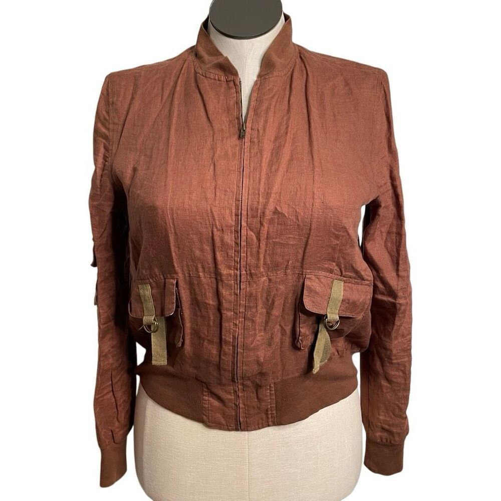 Vtg Womens Linen Bomber Jacket M Rust Full Zip Lightweight Travel Lagom Capsule